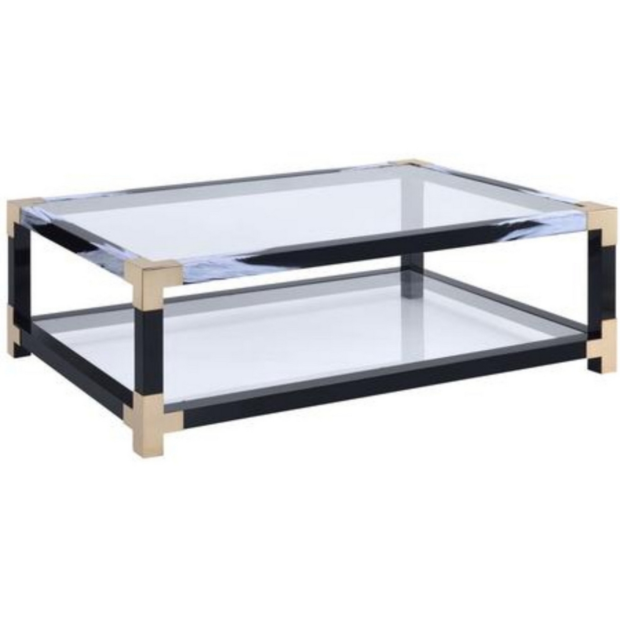 Rectangular Metal Coffee Table With Glass Top And Shelf, Black- Saltoro Sherpi