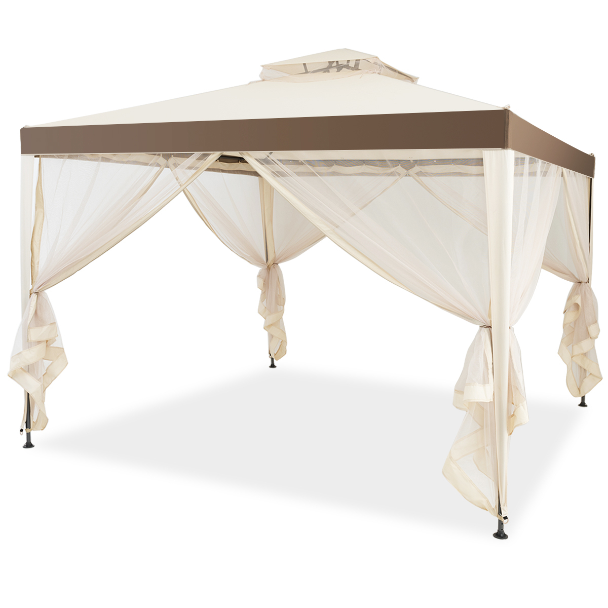 10âx 10â 2-tier Canopy Gazebo Tent Outdoor Netting Picnic Party Sun Shade - Coffee