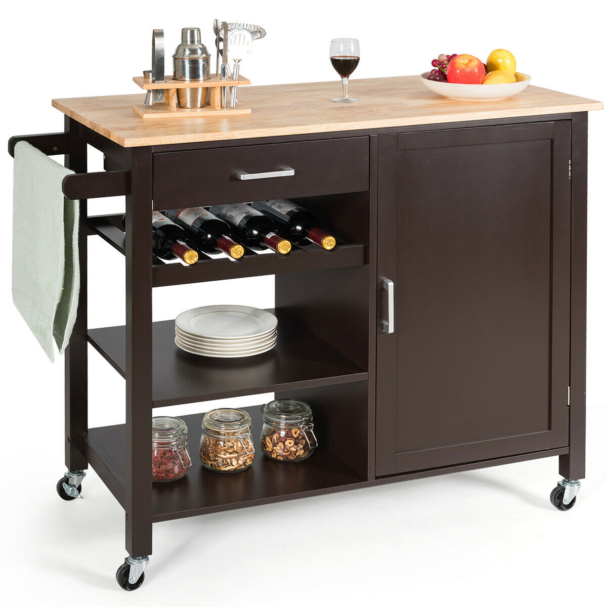 4-Tier Wood Kitchen Island Trolley Cart Storage Cabinet W/ Wine Rack & Drawer