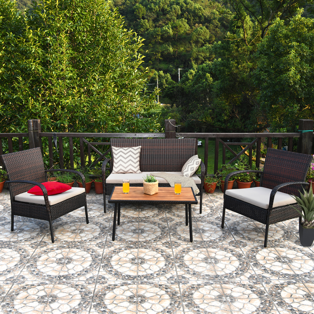 4PCS Cushioned Rattan Patio Conversation Set Outdoor Furniture Set