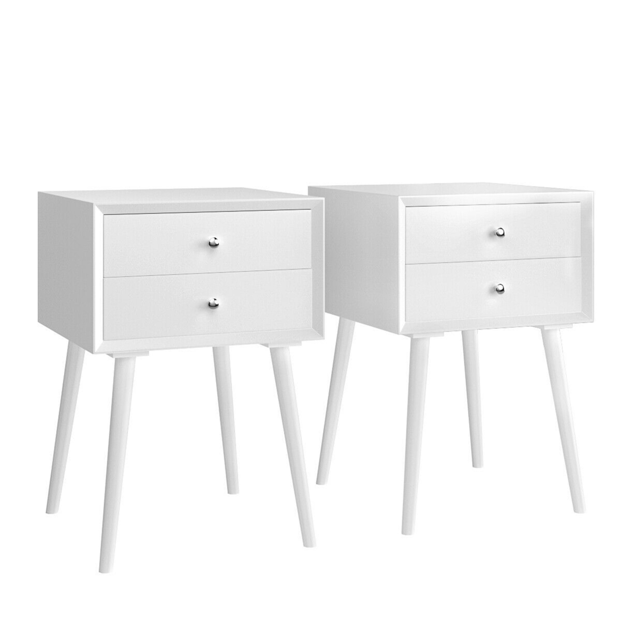 2PCS Wooden Nightstand Mid-Century End Side Table W/2 Storage Drawers White