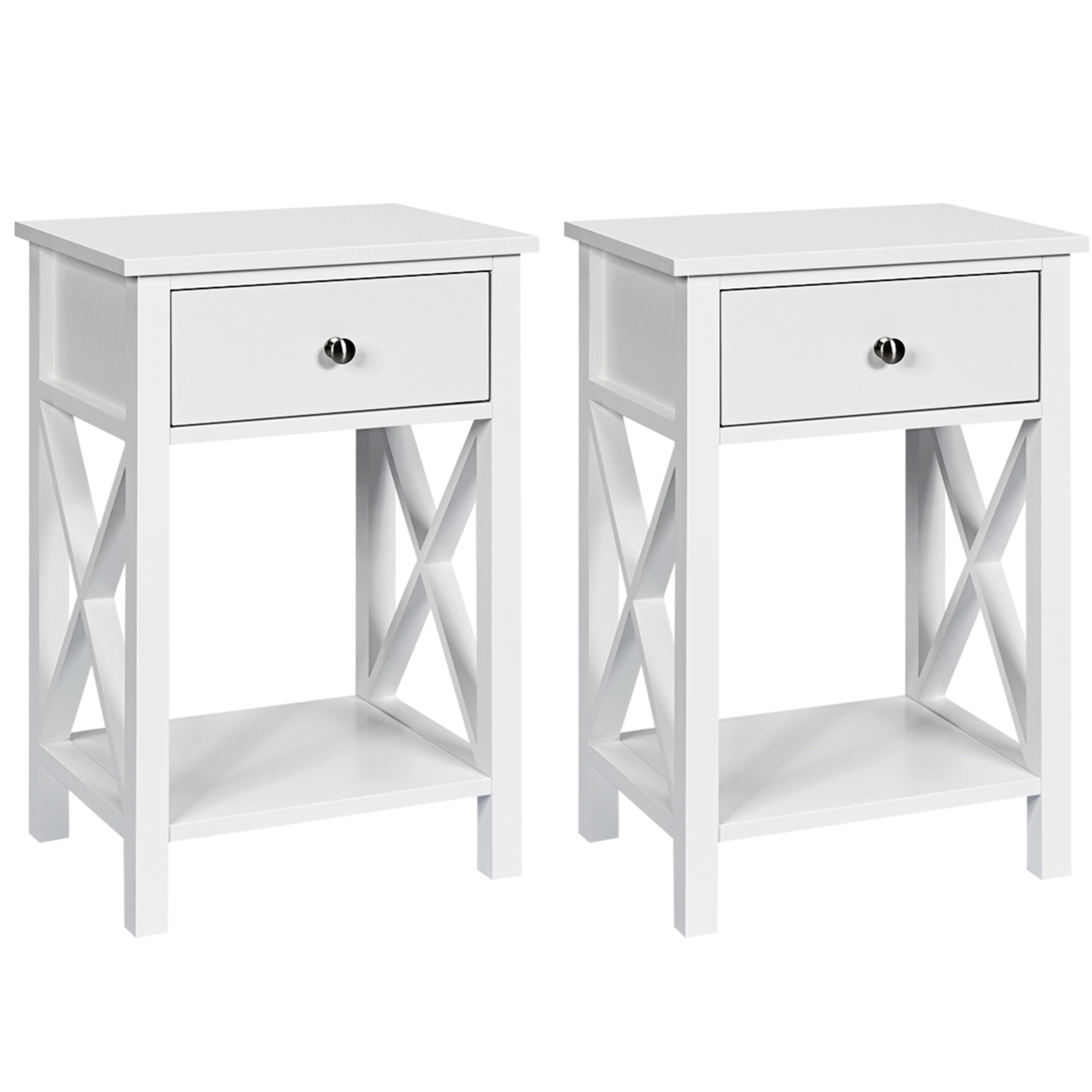 Set Of 2 Nightstand Sofa Side End Table X-Design W/ Shelf Drawer White