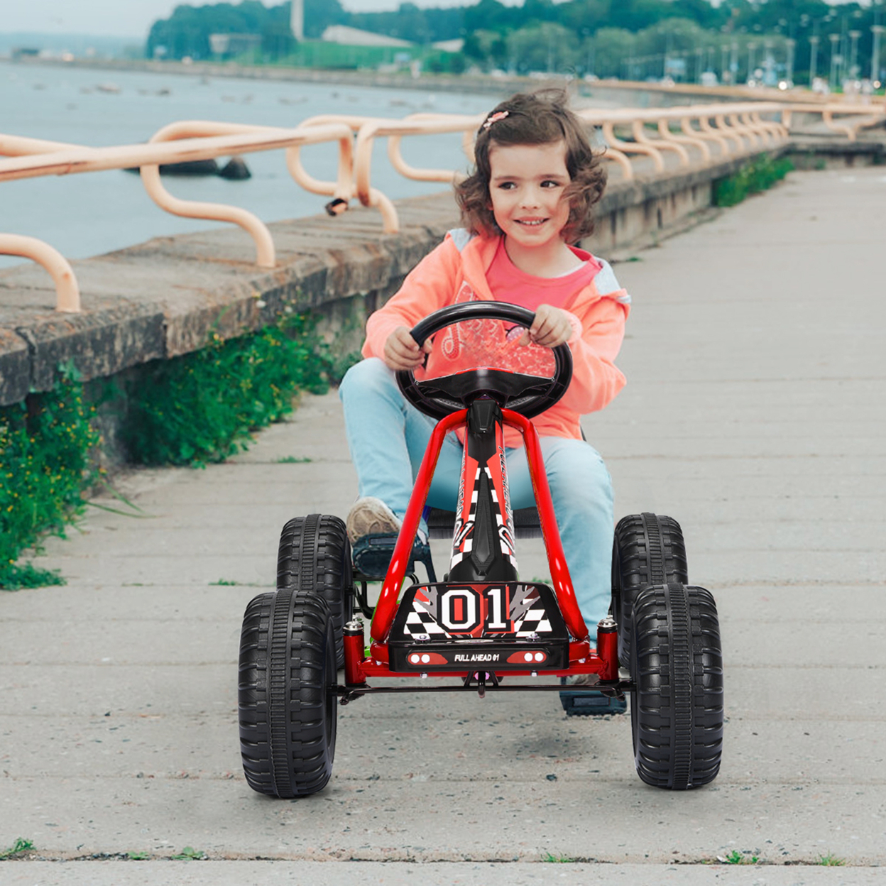 Kids Pedal Go Kart 4 Wheel Ride On Toys W/ Adjustable Seat & Handbrake Red