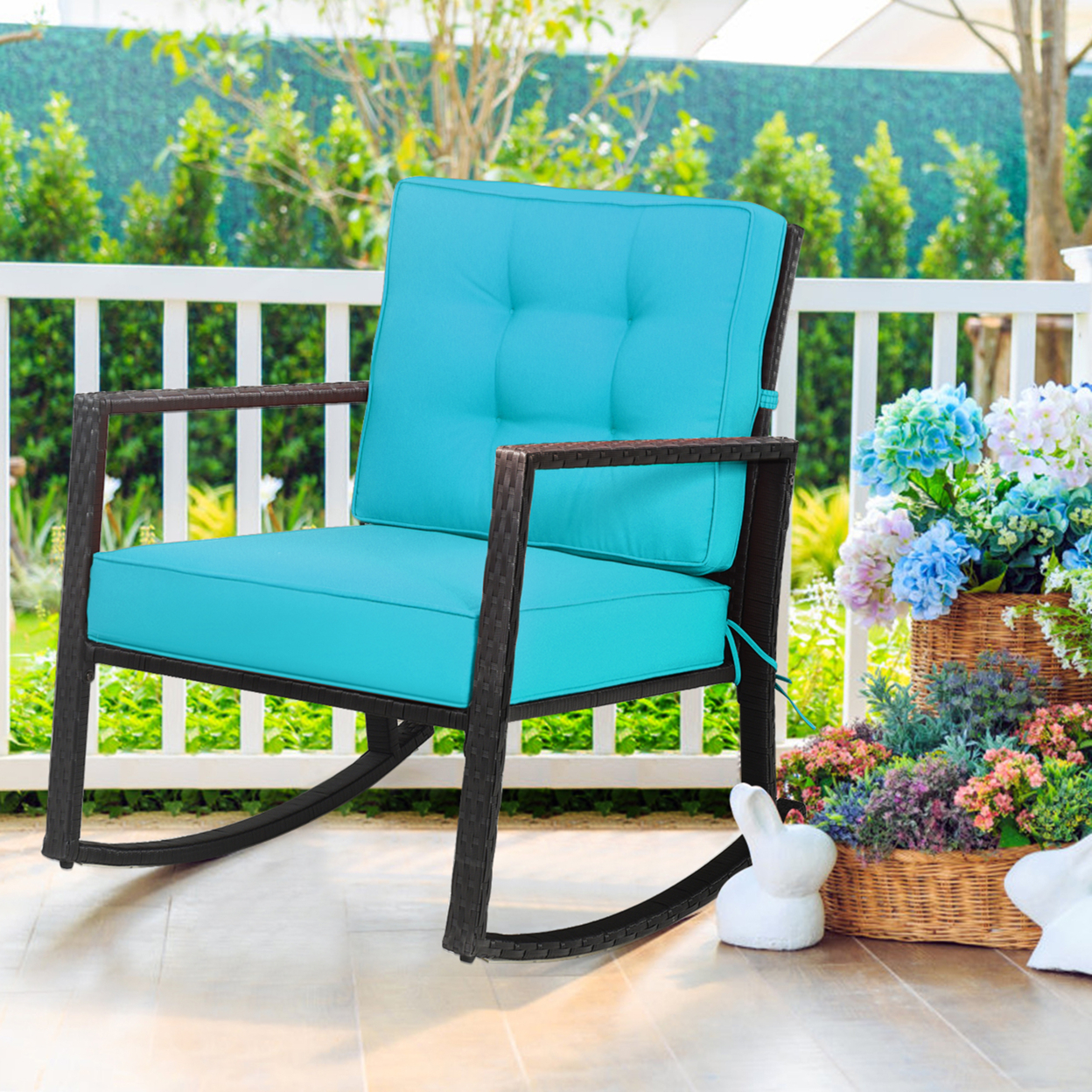 Outdoor Wicker Rocking Chair Patio Lawn Rattan Single Chair Glider W/ Turquoise Cushion