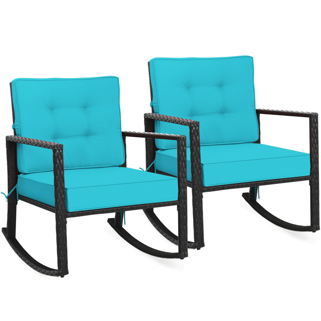2PCS Outdoor Wicker Rocking Chair Patio Rattan Single Chair Glider W/ Turquoise Cushion