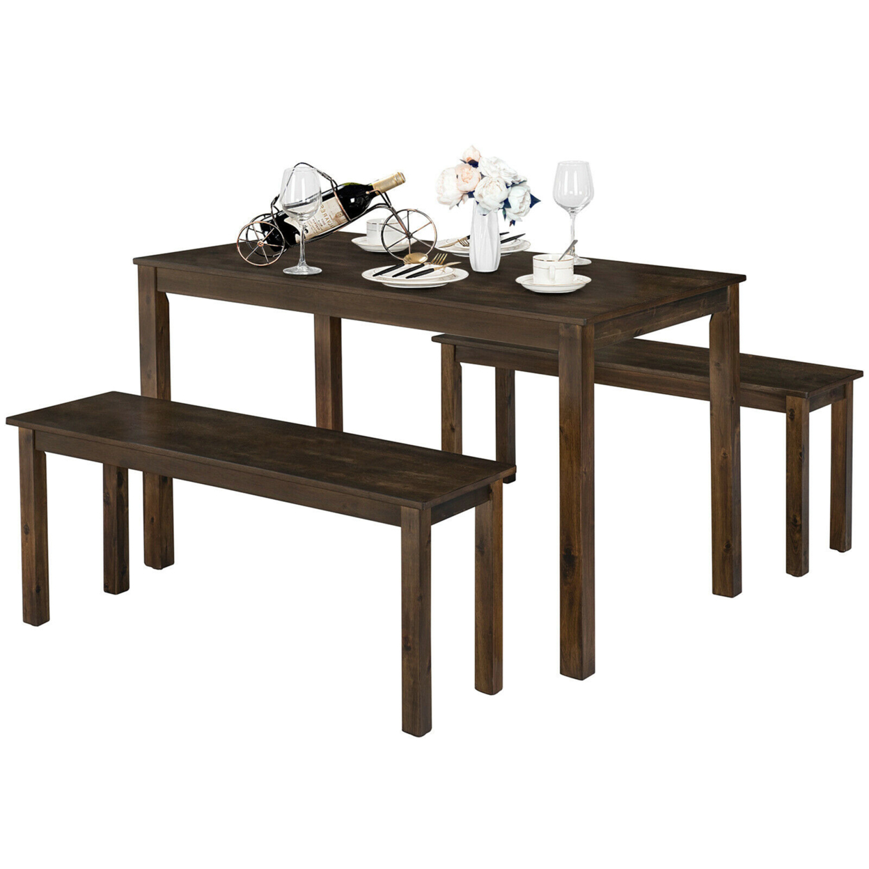 3pcs Dining Set Modern Studio Collection Table With 2 Benches Wood Legs Coffee