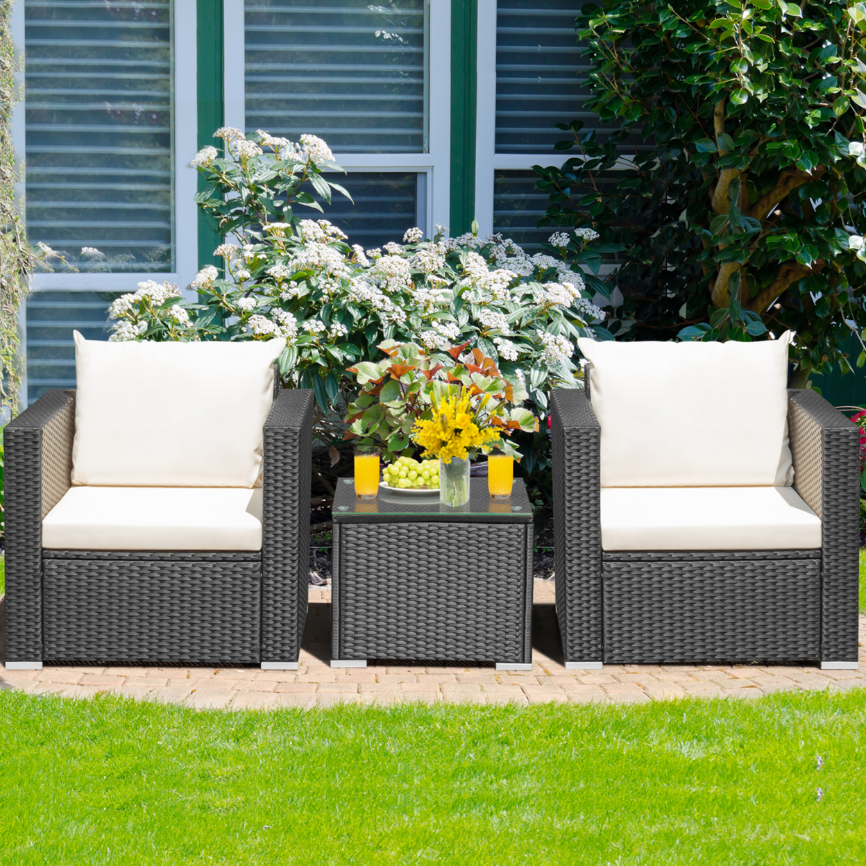 3PCS Rattan Patio Conversation Furniture Set Outdoor Sofa Set W/ Cushions