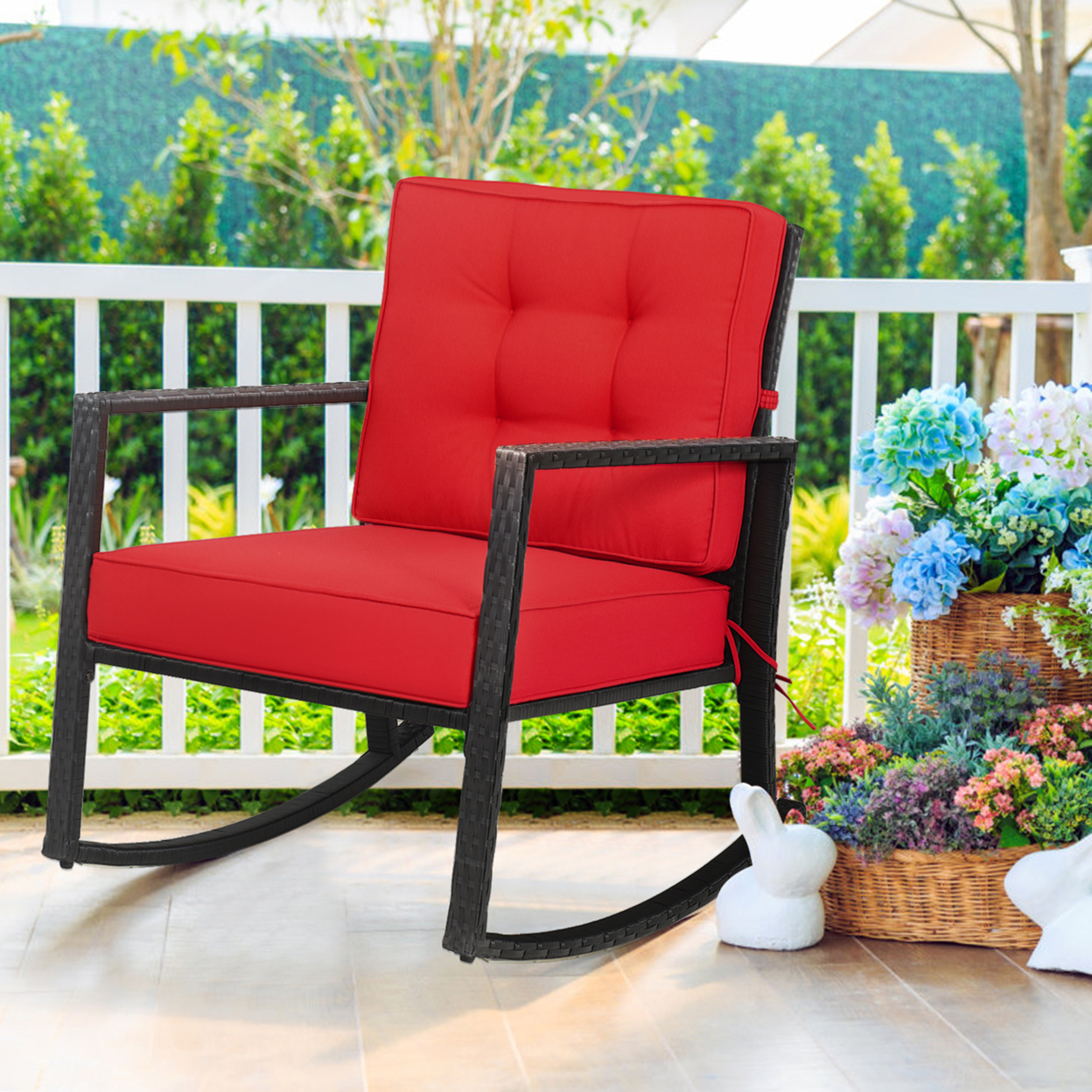 Outdoor Wicker Rocking Chair Patio Lawn Rattan Single Chair Glider W/ Red Cushion