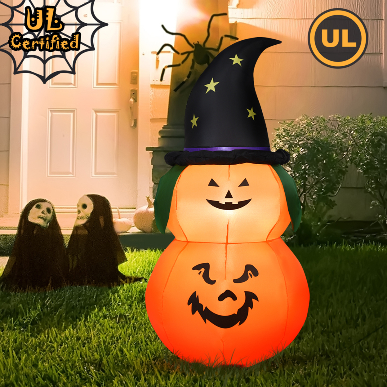 5ft Inflatable Halloween Pumpkin Decoration W/ LED Light Witch Hat