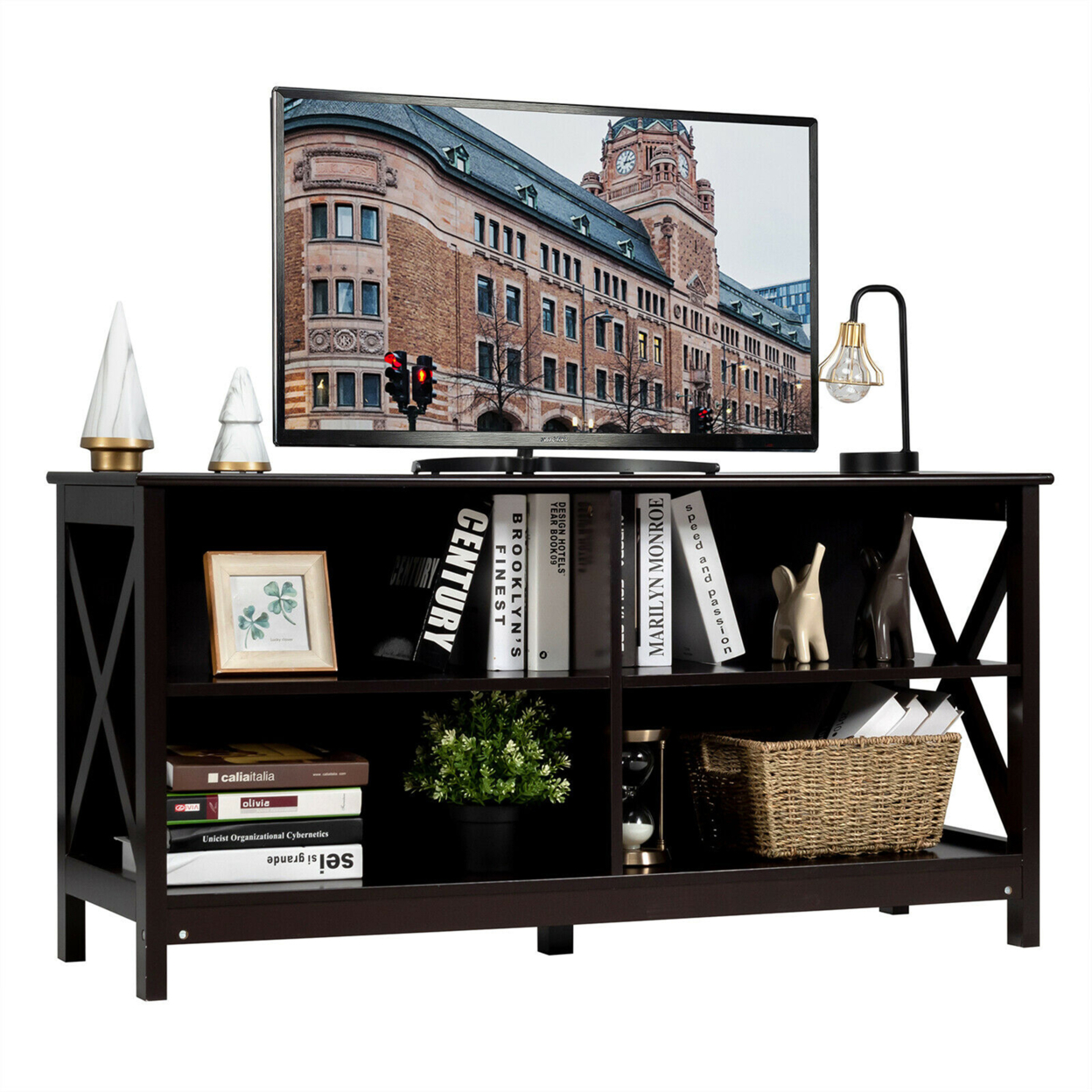 TV Stand Entertainment Media Center For TV's Up To 55'' W/ Storage Shelves Brown