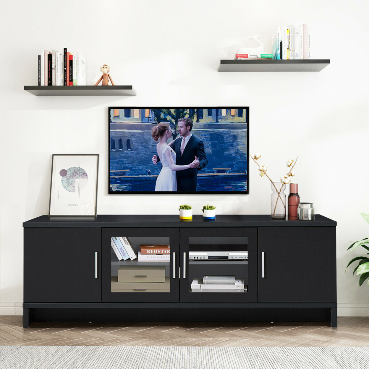 TV Stand Media Entertainment Center For TV's Up To 70'' W/ Storage Cabinet Black