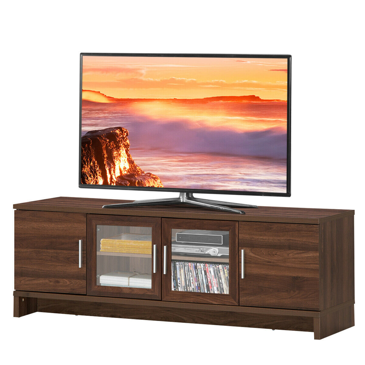 TV Stand Media Entertainment Center For TV's Up To 70'' W/ Storage Cabinet Walnut