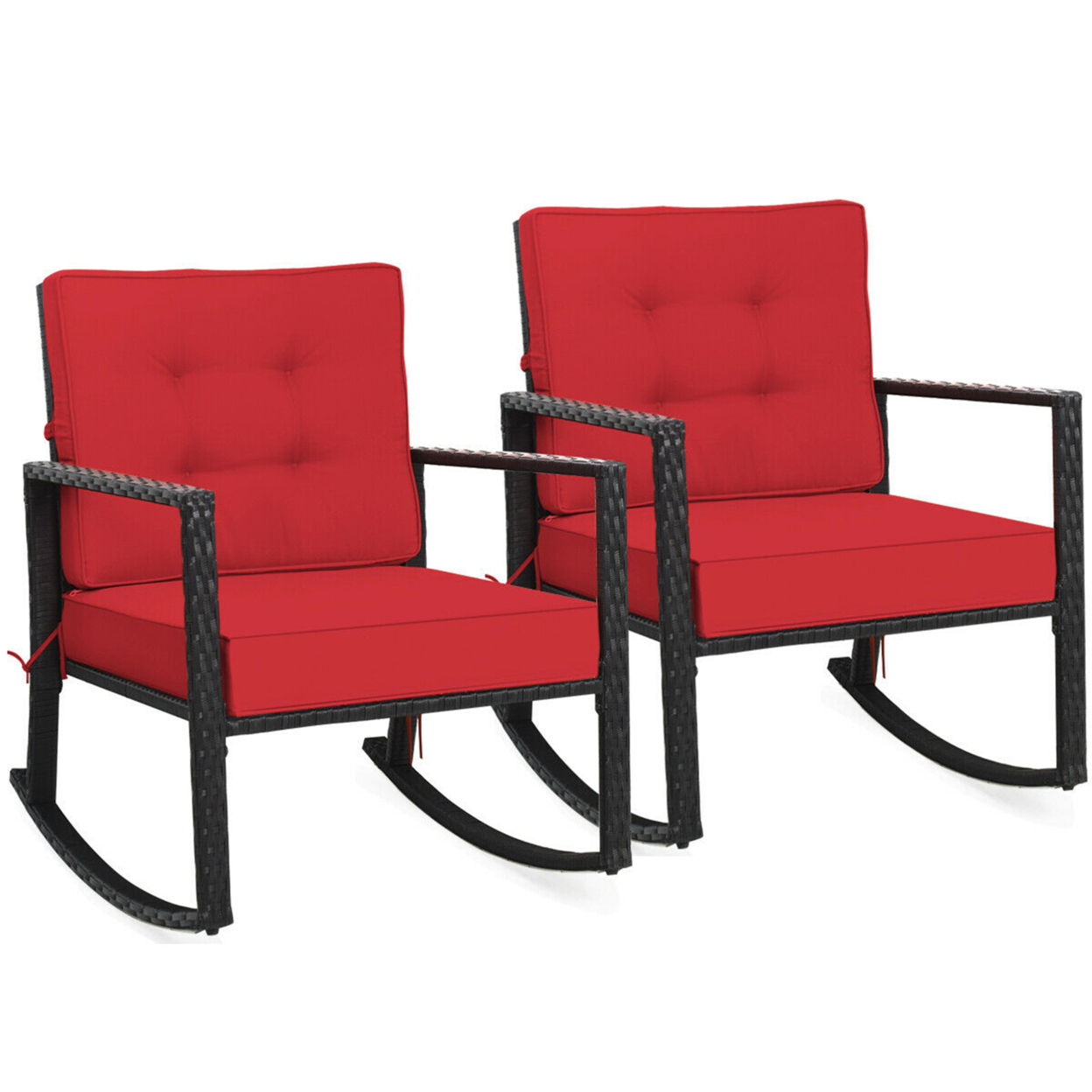 2PCS Outdoor Wicker Rocking Chair Patio Rattan Single Chair Glider W/ Red Cushion
