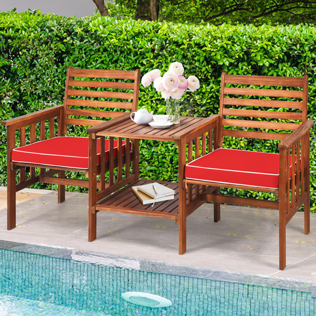 Acacia Wood Loveseat Patio Outdoor Conversation Set W/ Table Red Cushion
