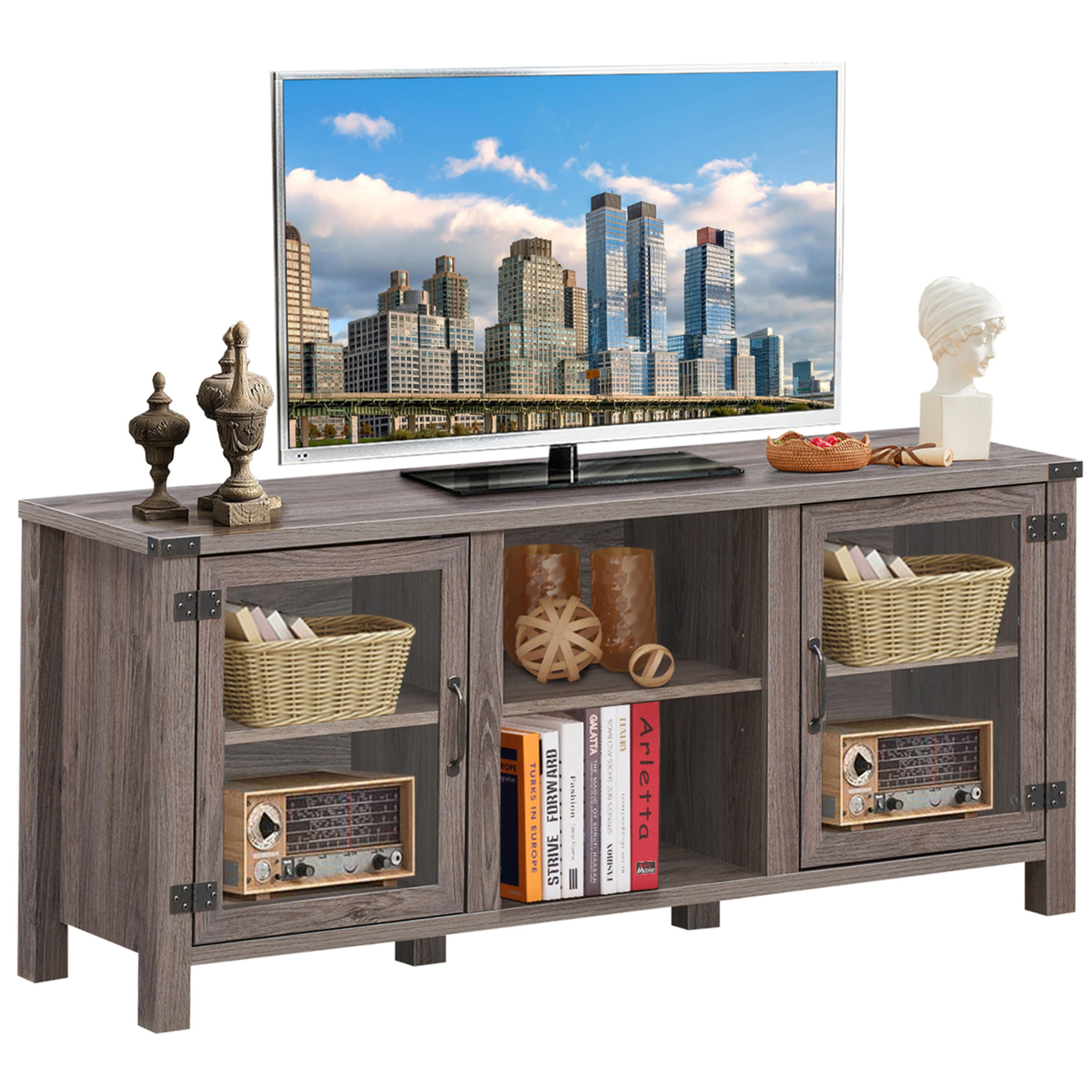 TV Stand Entertainment Center For TV's Up To 65'' W/ Storage Cabinets Deep Taupe
