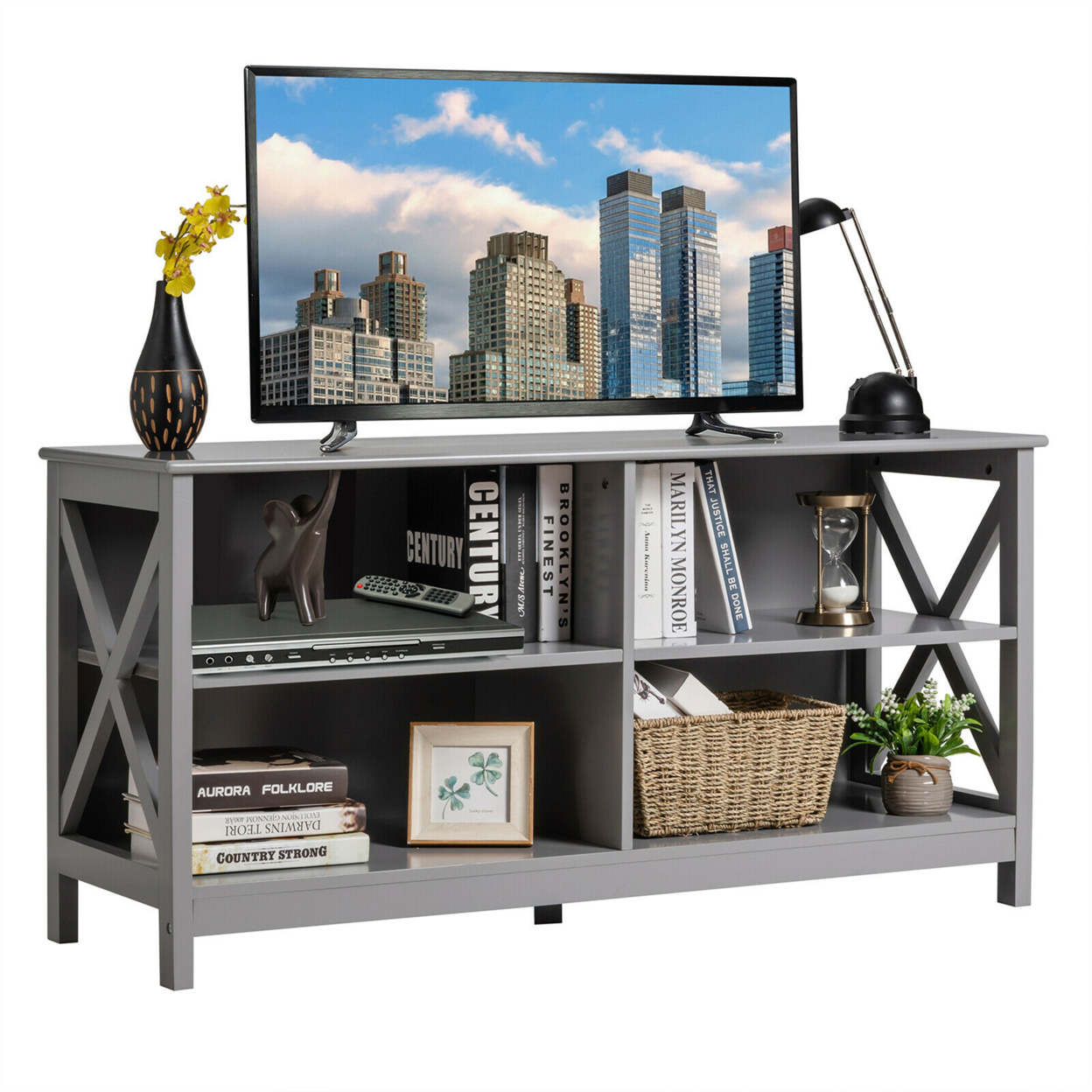 TV Stand Entertainment Media Center For TV's Up To 55'' W/ Storage Shelves Gray