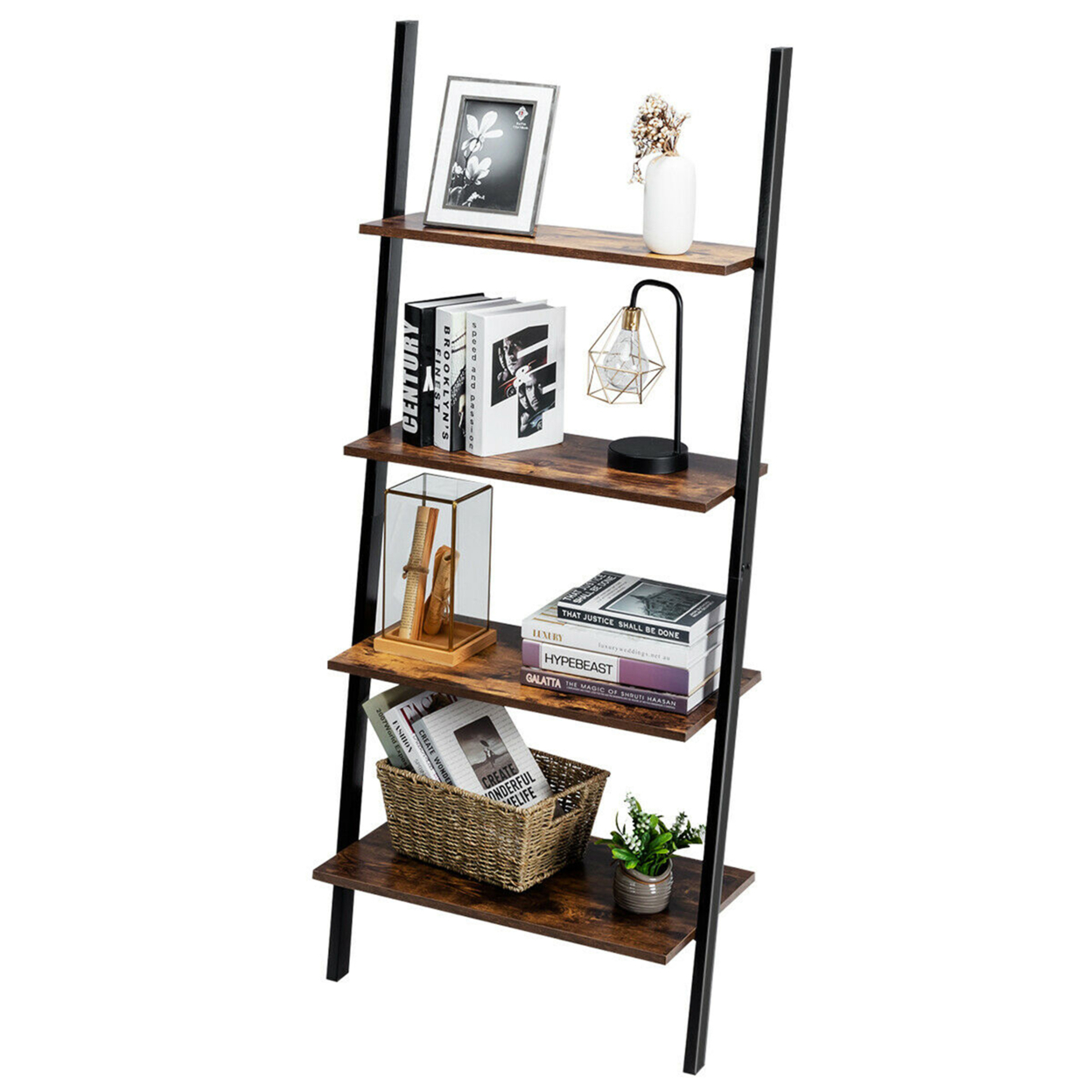 Industrial Ladder Shelf 4-Tier Leaning Wall Bookcase Plant Stand Rustic Brown