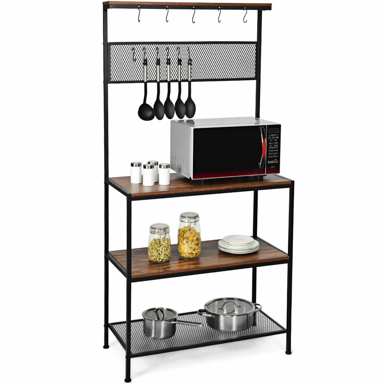 4-Tier Kitchen Bakers Rack Microwave Oven Stand Industrial W/Hooks & Mesh Panel