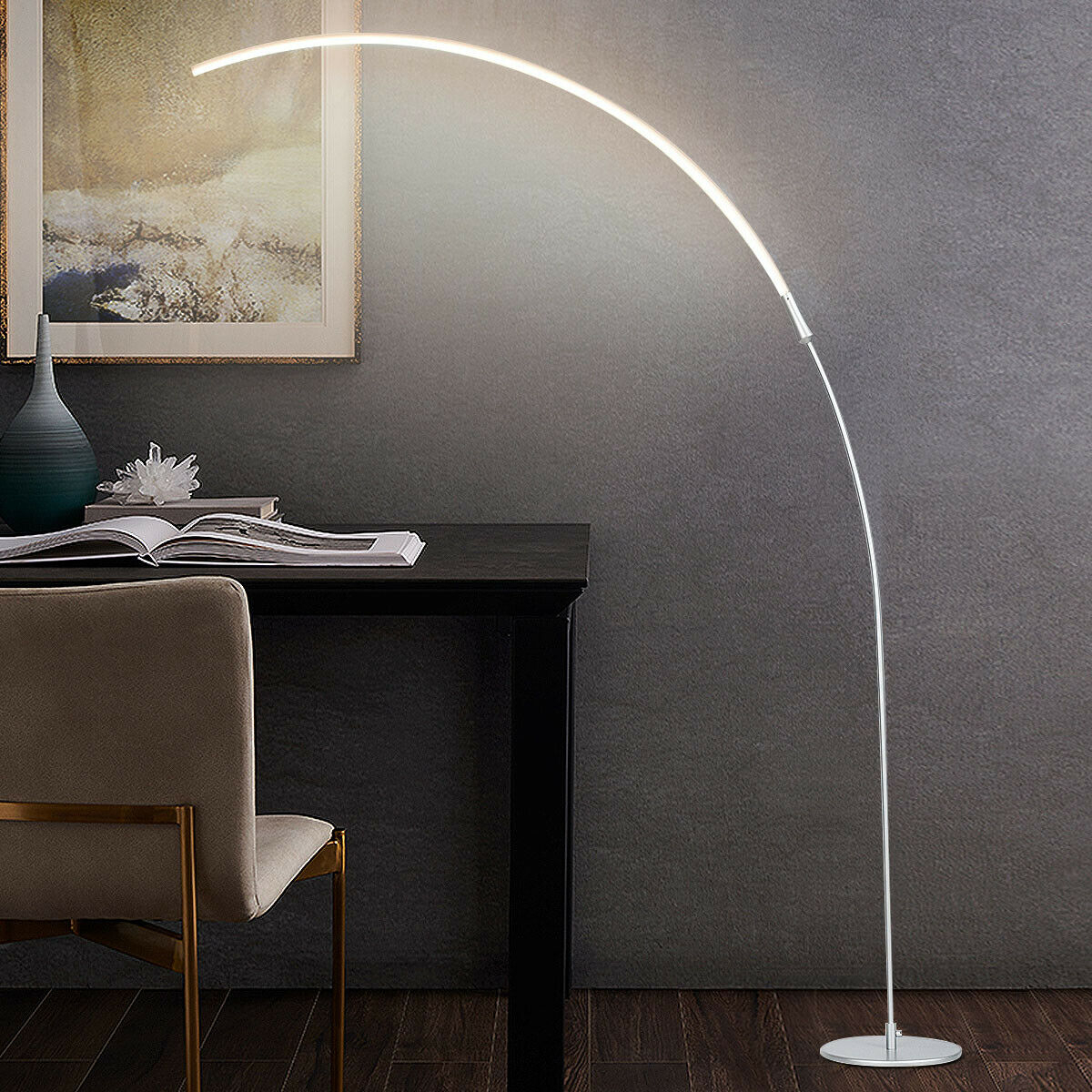 LED Arc Floor Lamp Modern Minimalist Standing Lamp W/ 3 Brightness Levels Silver