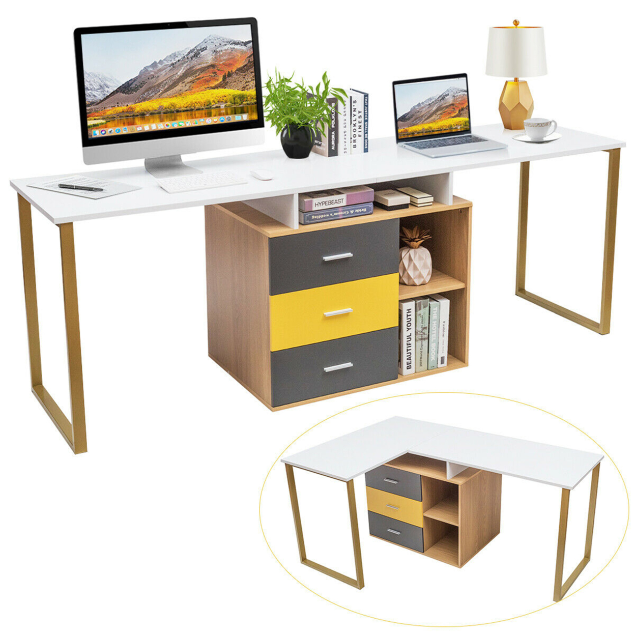 87'' Two Person Computer Desk Adjustable L-Shaped Office Desk W/Shelves & Drawers