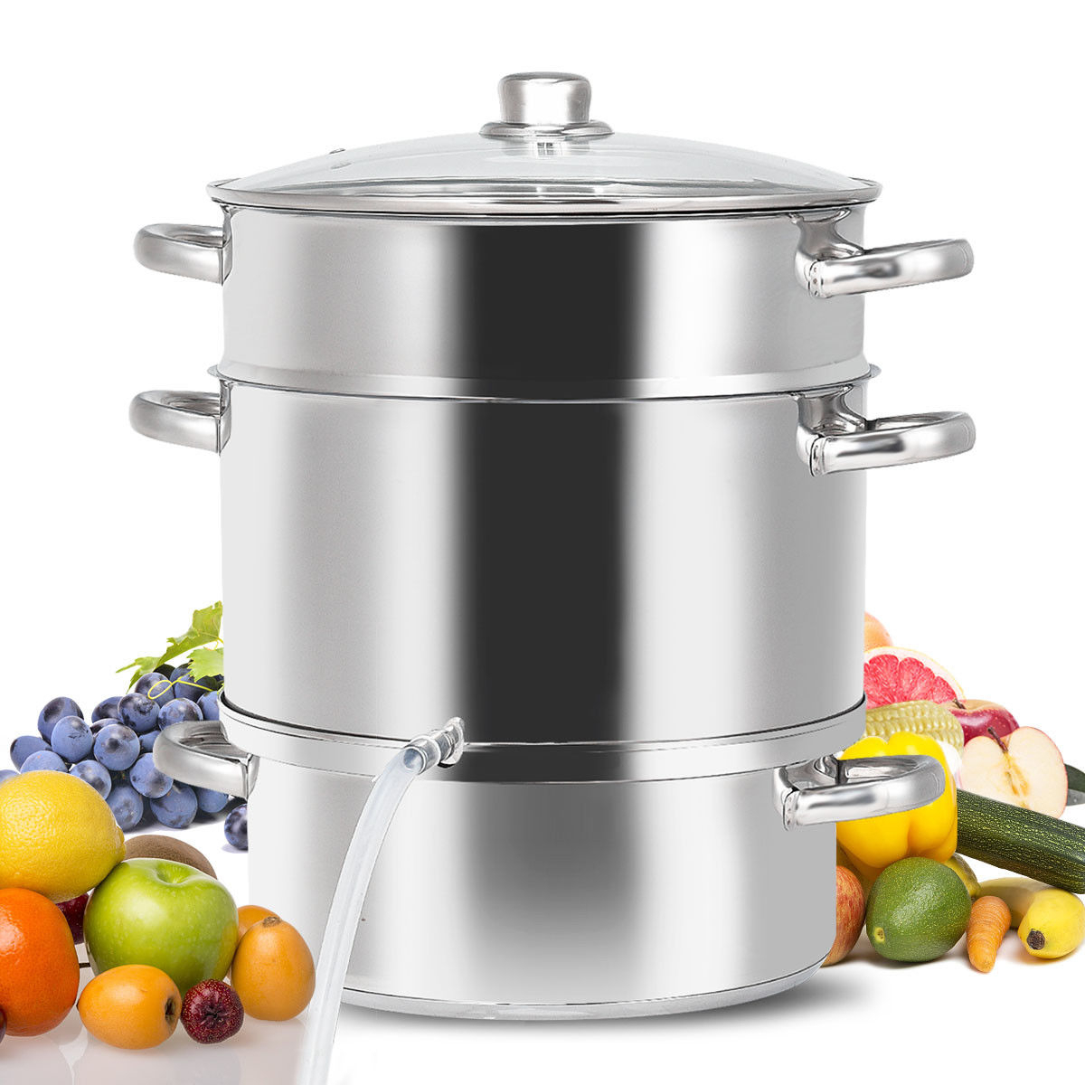 11-Quart Stainless Steel Fruit Juicer Steamer Stove Top W/ Tempered Glass Lid