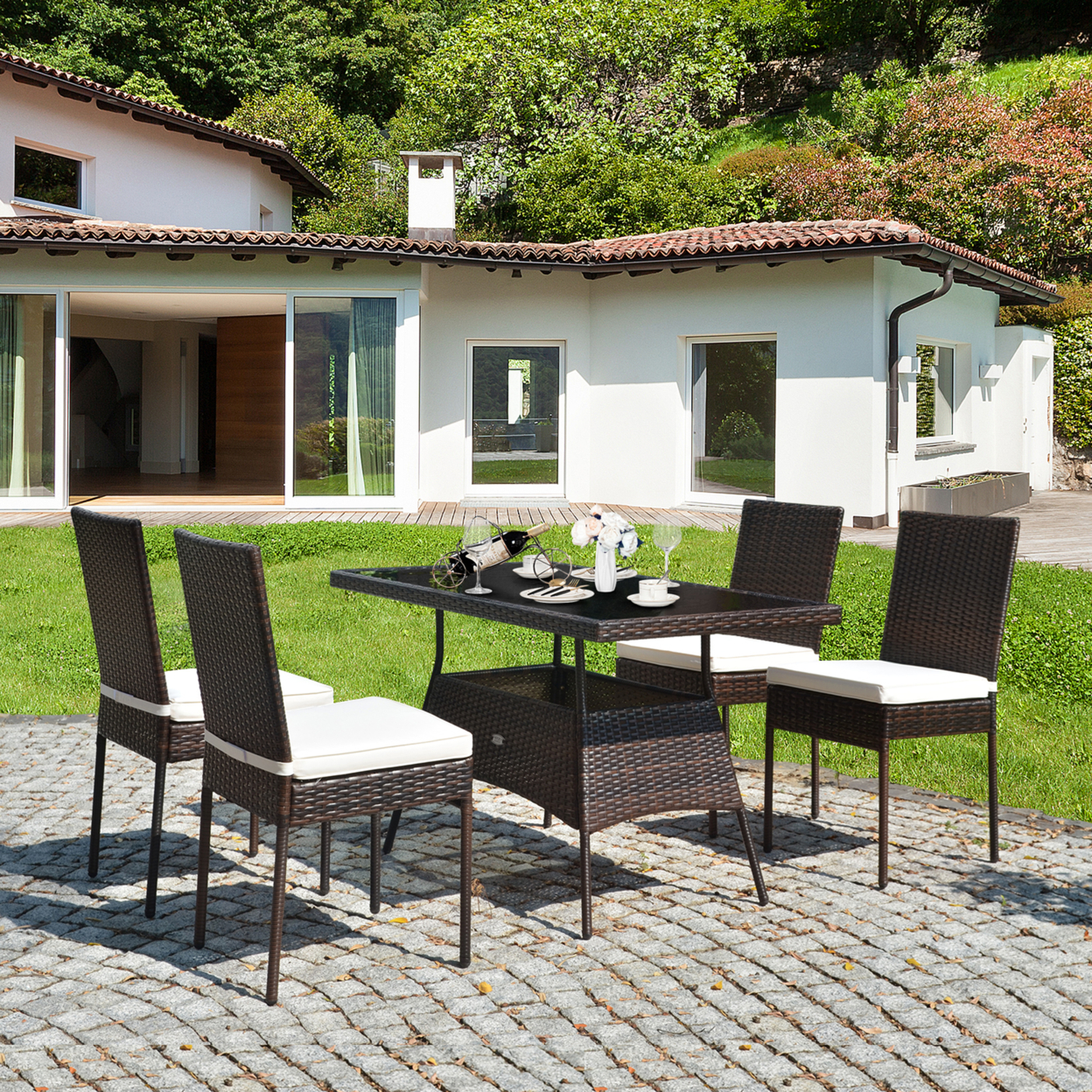 5PCS Rattan Patio Dining Table & Chair Set Outdoor Furniture Set W/ Cushion