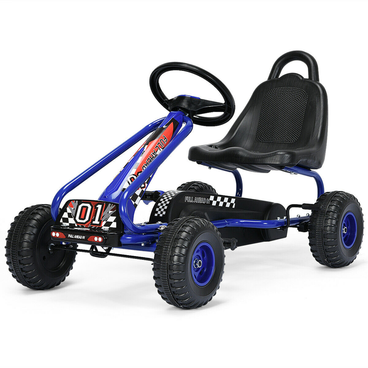 Kids Pedal Go Kart 4 Wheel Ride On Toys W/ Adjustable Seat & Handbrake Blue