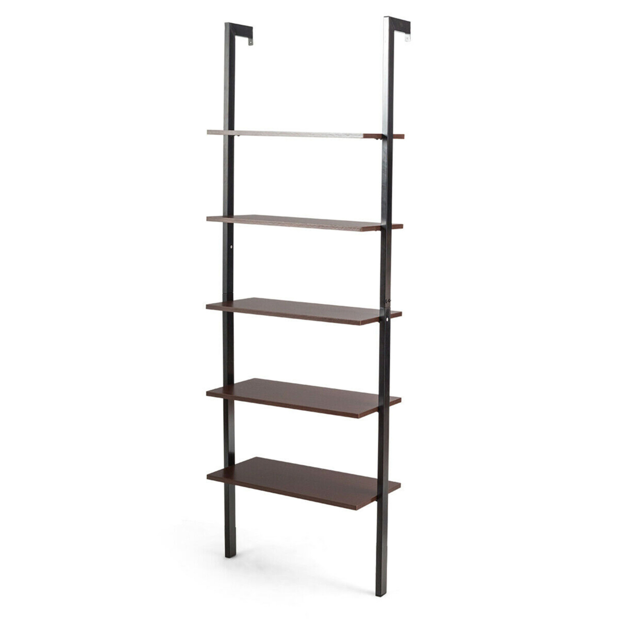 5-Tier Ladder Shelf Wood Wall Mounted Display Bookshelf Metal Frame Brown & Black