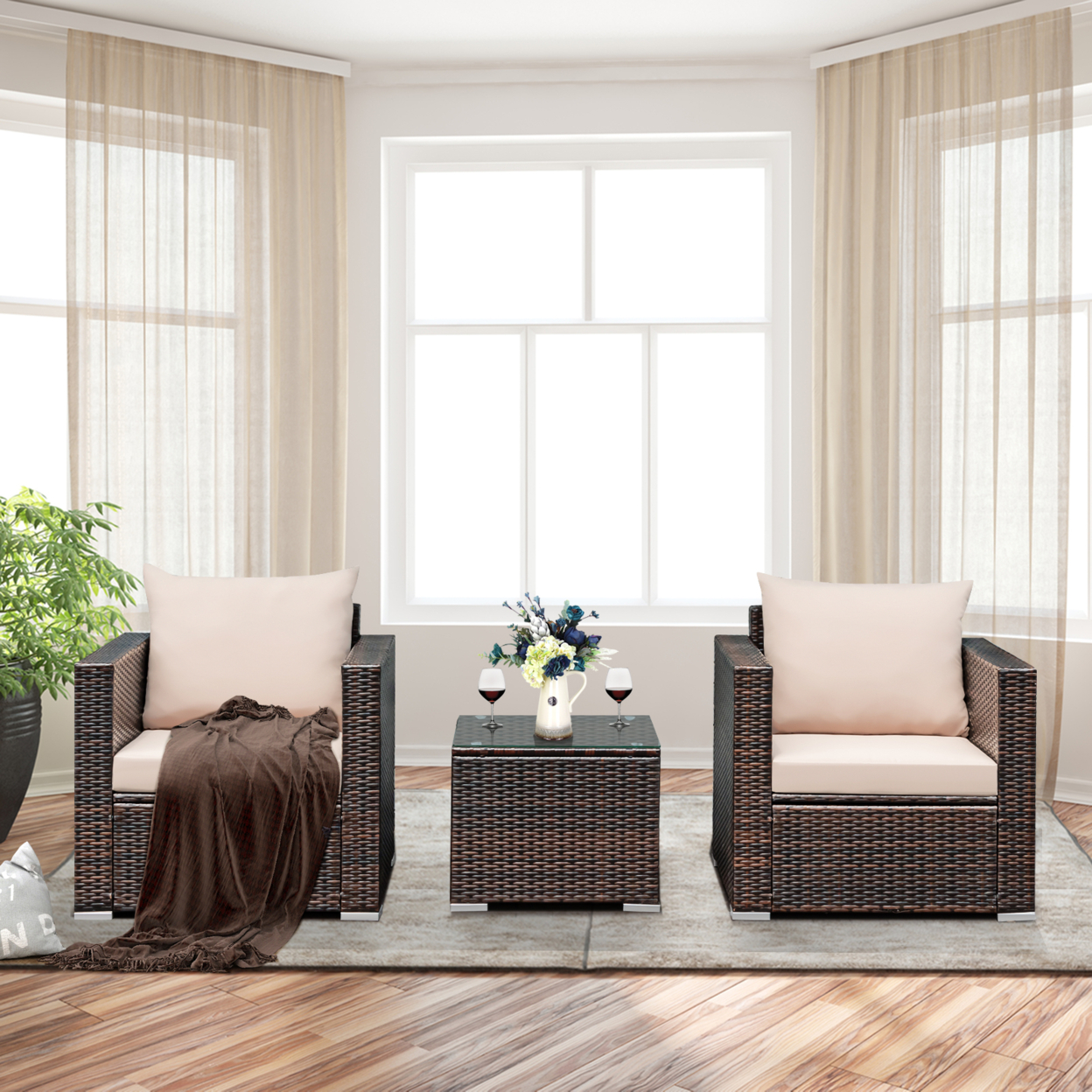 3PCS Patio Rattan Outdoor Furniture Set W/ Cushioned Sofa Coffee Table