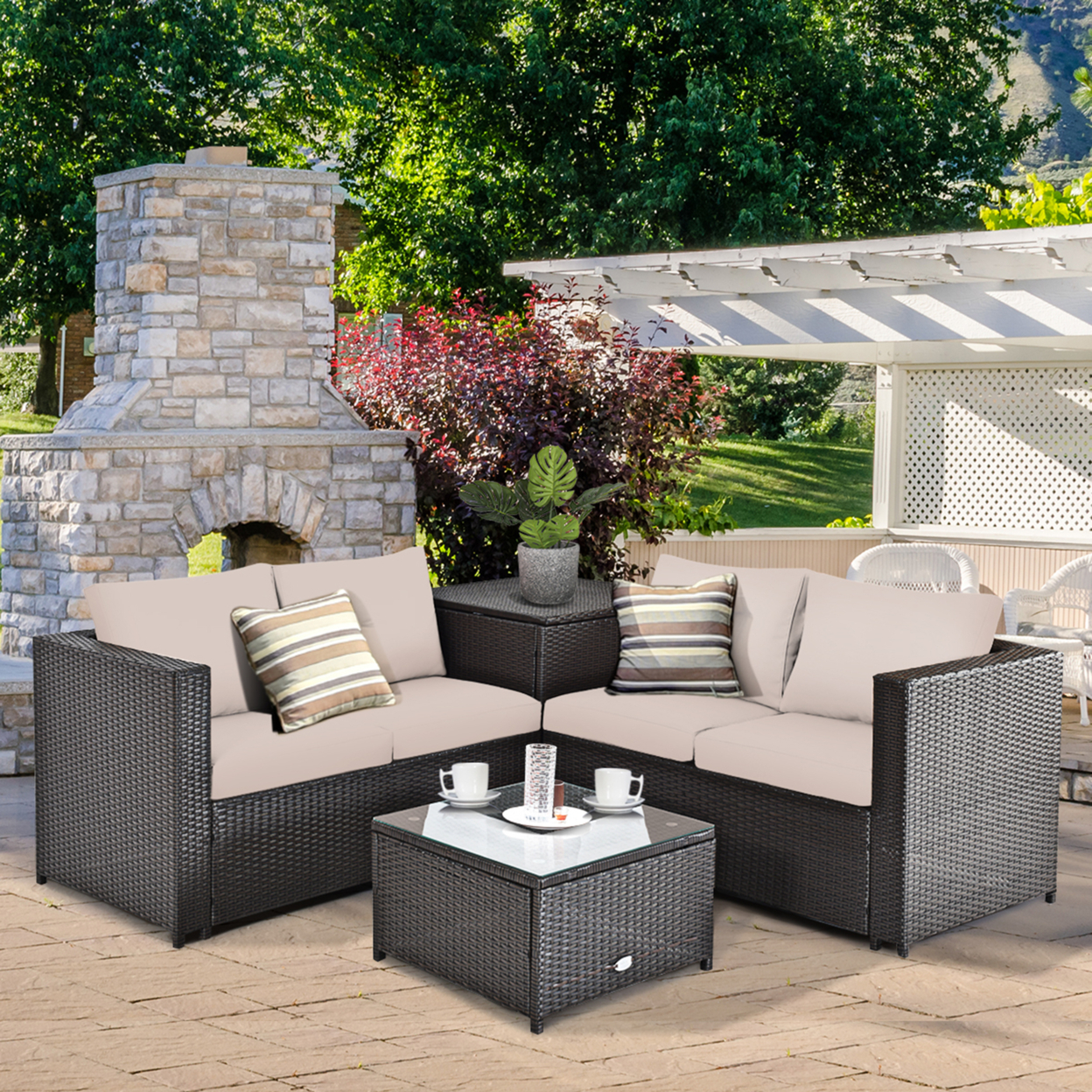 4PCS Cushioned Rattan Patio Conversation Set W/ Coffee Table Side Table