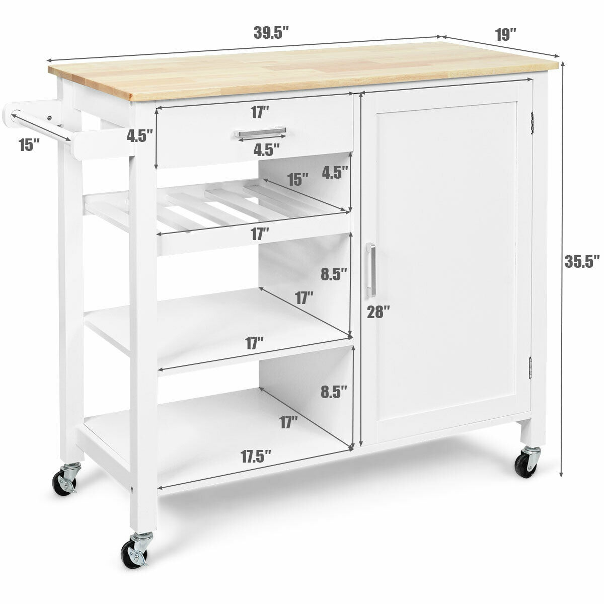 4-Tier Wood Kitchen Island Trolley Cart Storage Cabinet W/ Wine Rack White