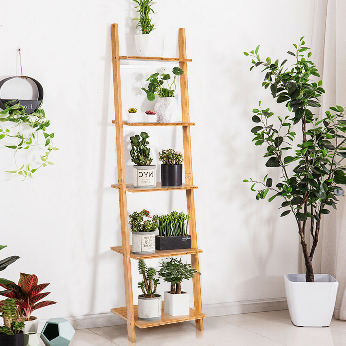 5-Tier Ladder Shelf Modern Bamboo Leaning Bookshelf Ladder Bookcase Open Display