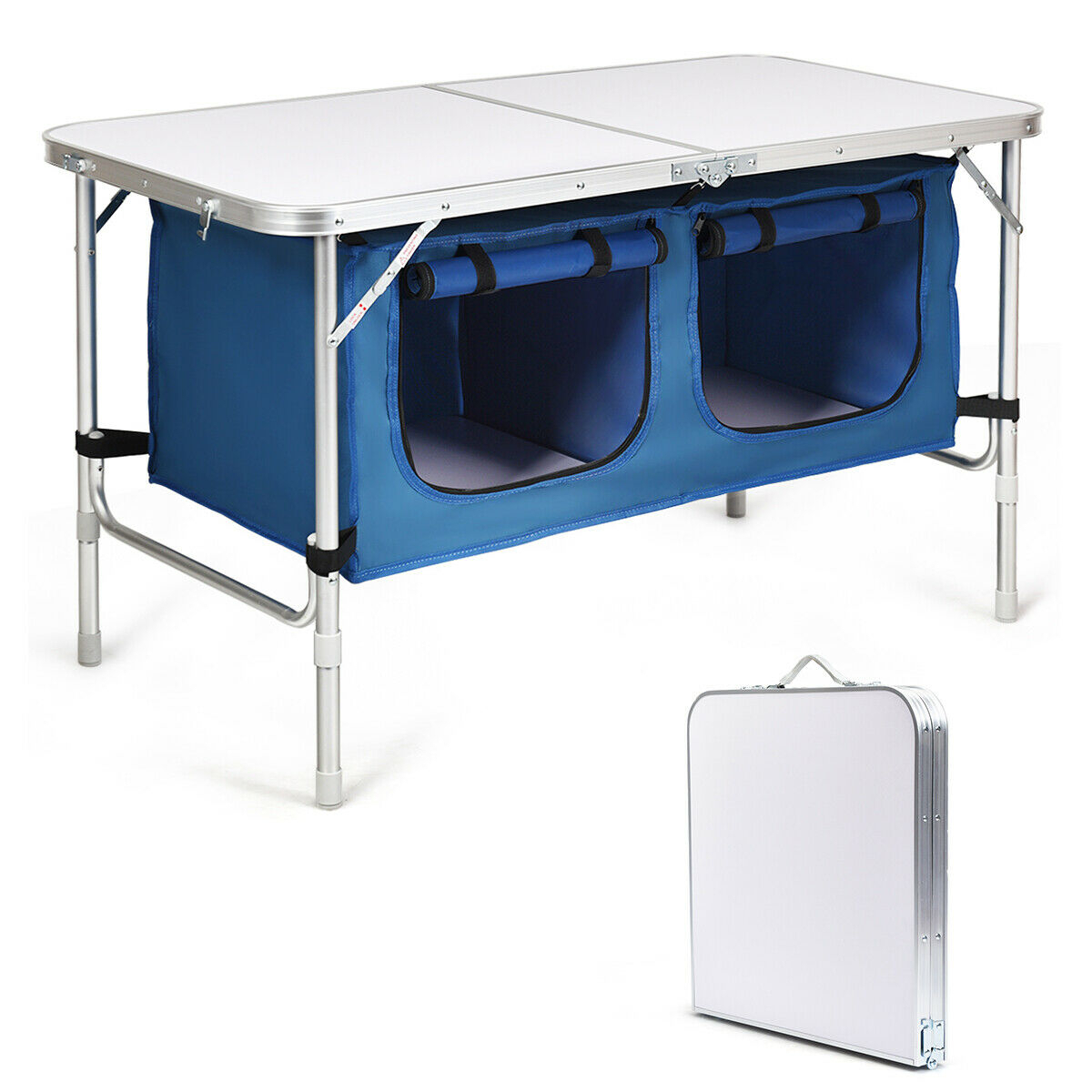 Folding Camping Table Aluminum Height Adjustable W/ Storage Organizer Dark Blue