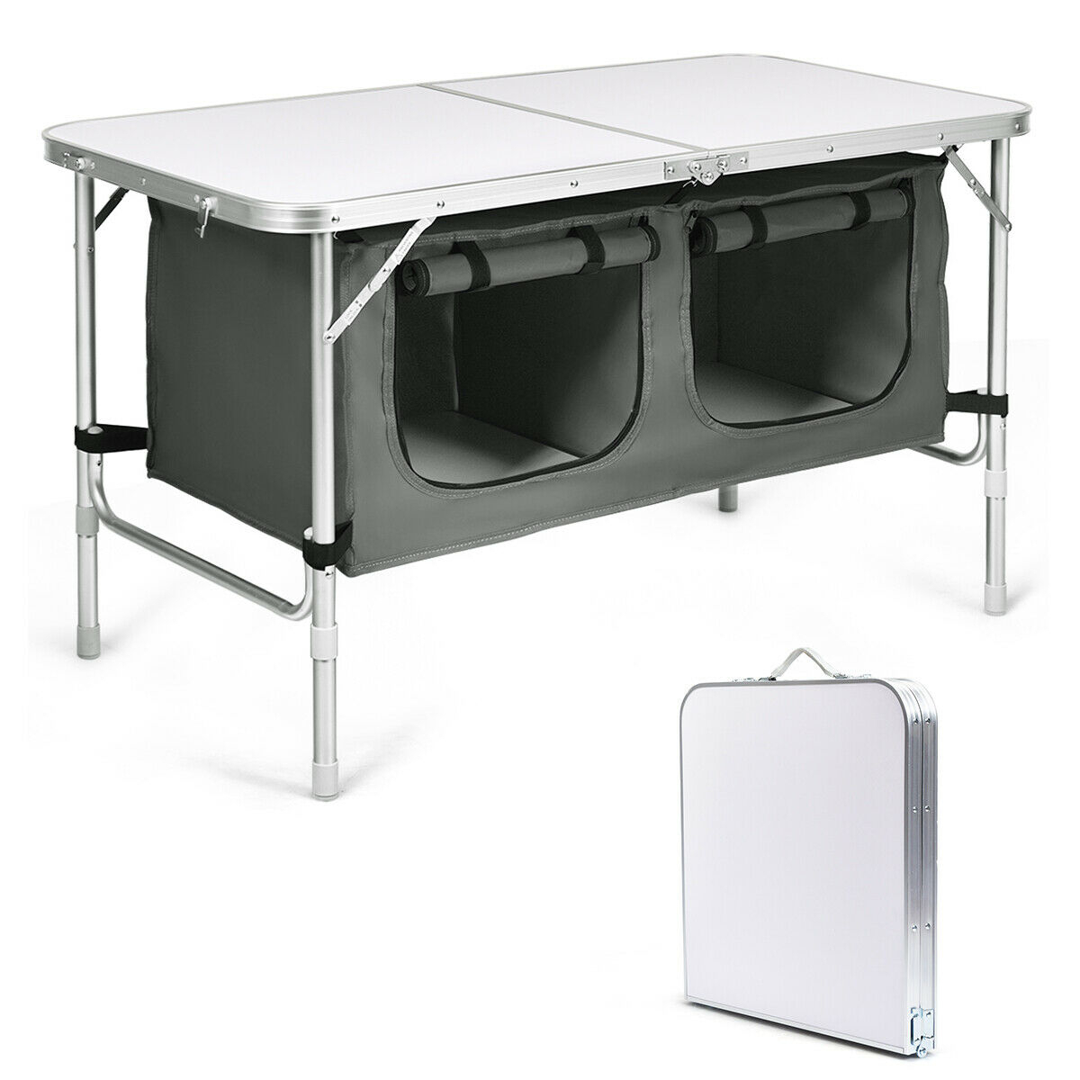 Folding Camping Table Aluminum Height Adjustable W/ Storage Organizer Grey