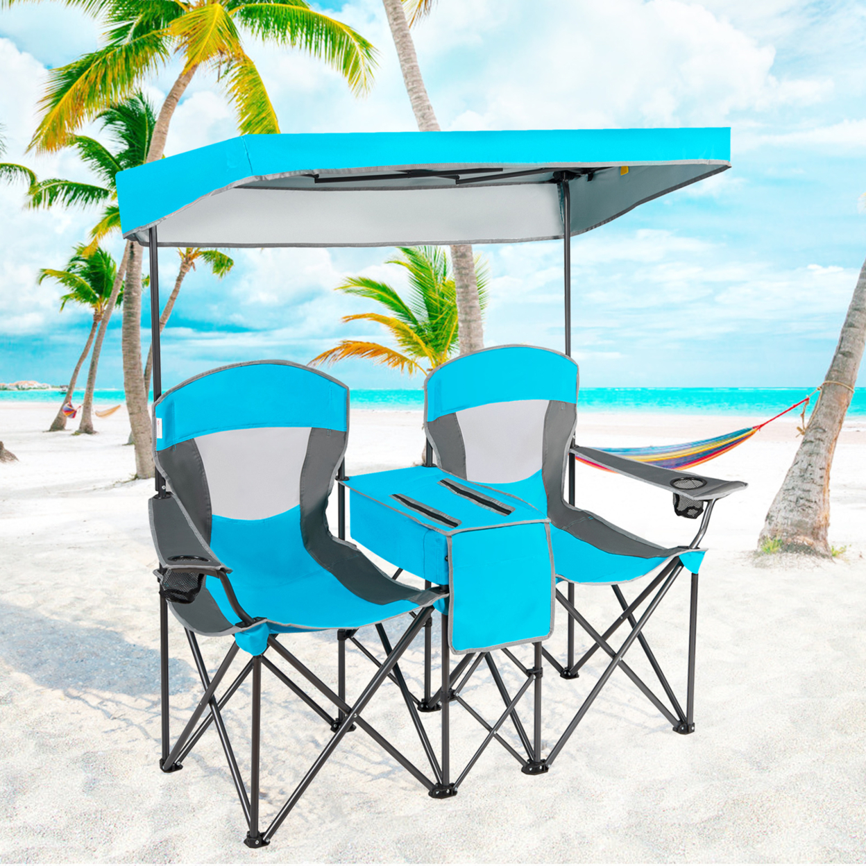 Folding 2-person Camping Chairs Double Sunshade Chairs W/ Canopy Blue/Turquoise/Red - Blue