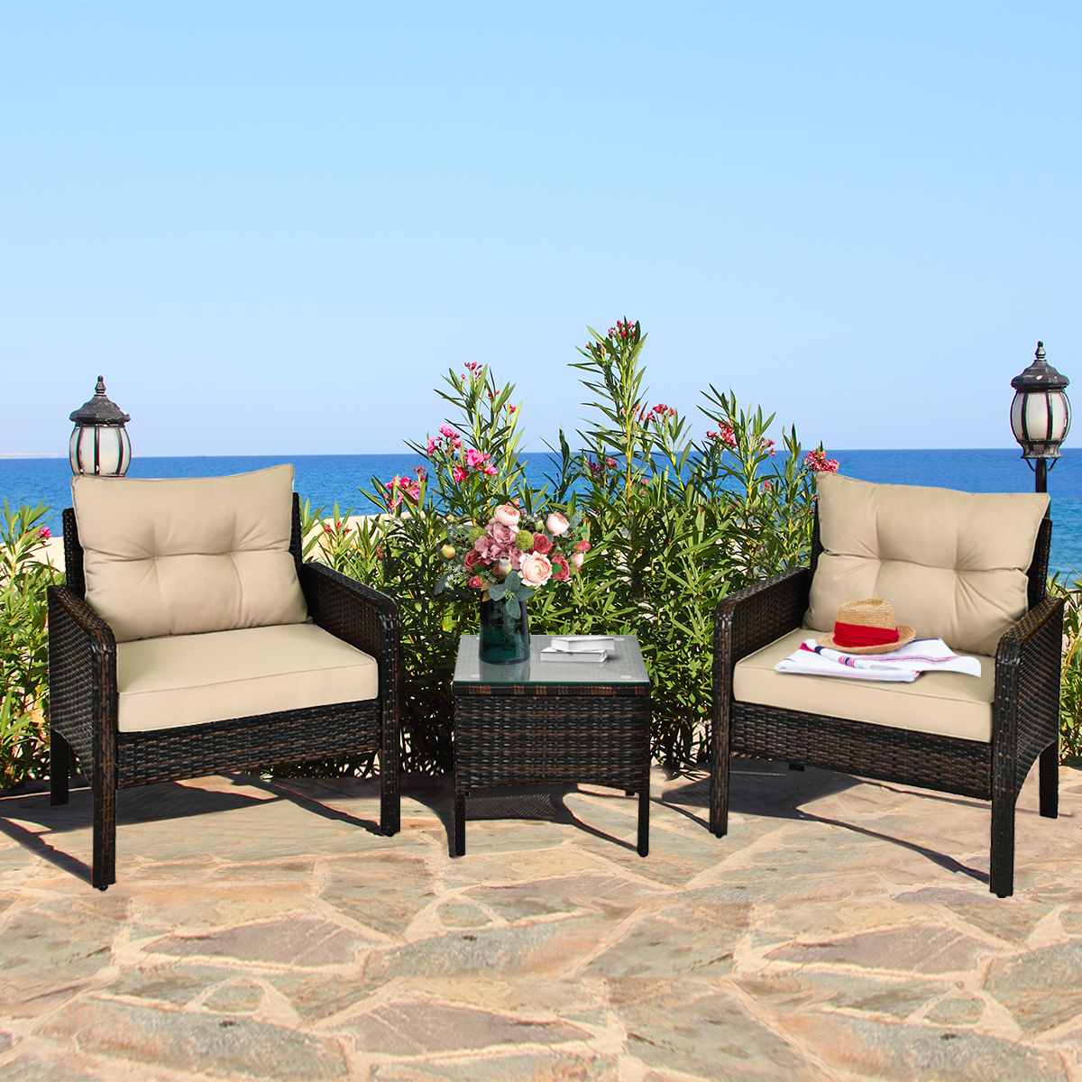 3PCS Patio Outdoor Rattan Furniture Set Brown W/ Cushioned Chairs Coffee Table