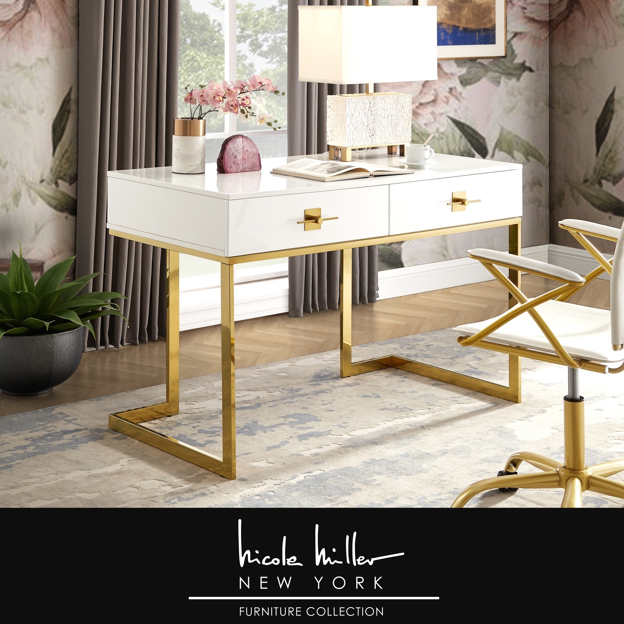 Moana Desk-2 Drawers-Hight Gloss Lacquer Finish-Polished Stainless Steel Base - White/gold
