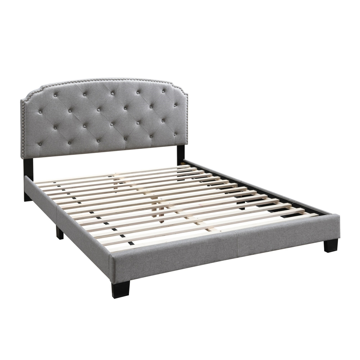 Full Bed With Button Tufted Scalloped Headboard, Light Gray- Saltoro Sherpi