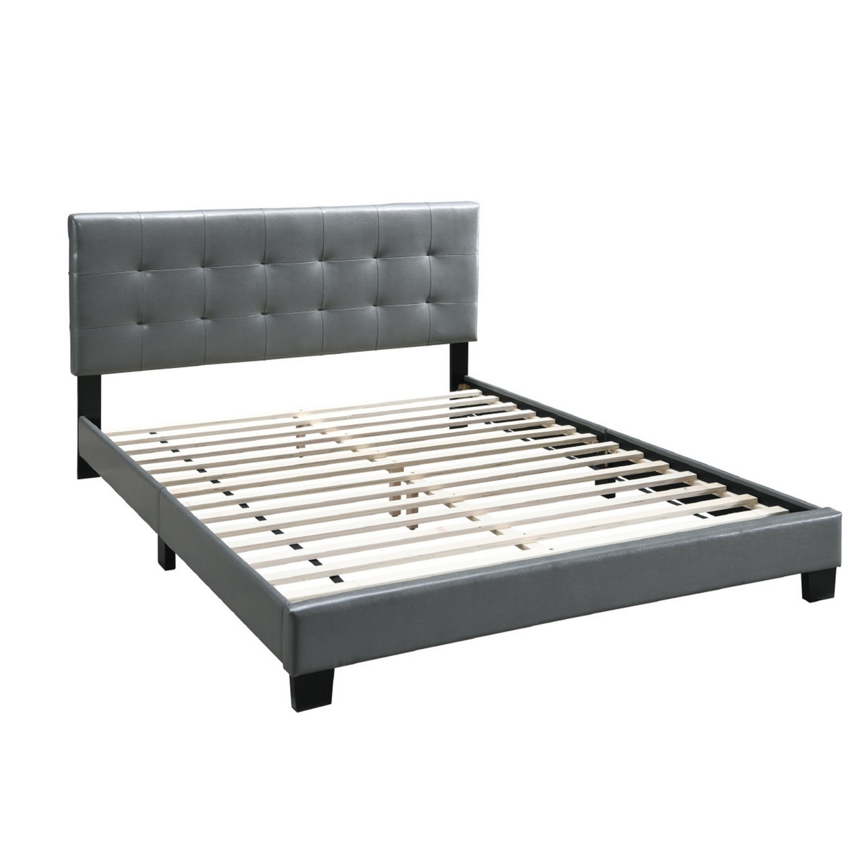 Full Leatherette Bed With Checkered Tufted Headboard, Gray- Saltoro Sherpi