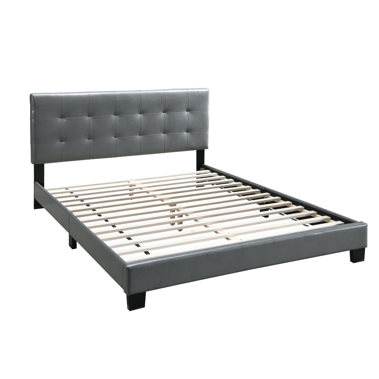 Queen Leatherette Bed With Checkered Tufted Headboard, Gray- Saltoro Sherpi