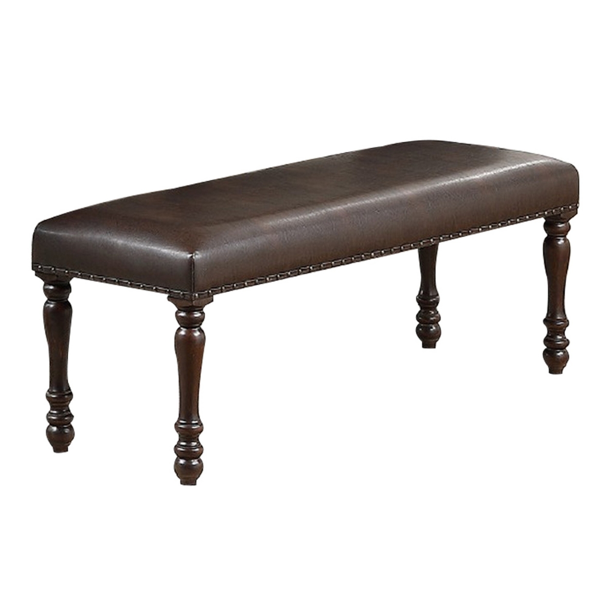 Nailhead Trim Faux Leather Dining Bench With Turned Legs, Brown- Saltoro Sherpi