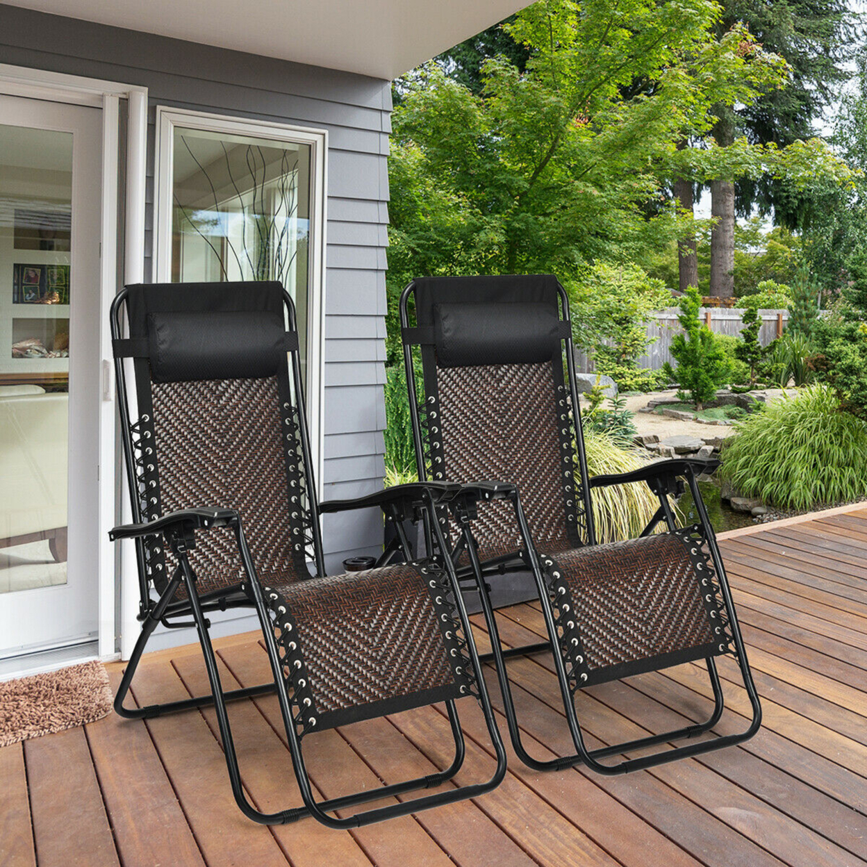 Set Of 2 Folding Rattan Patio Zero Gravity Lounge Chair Recliner