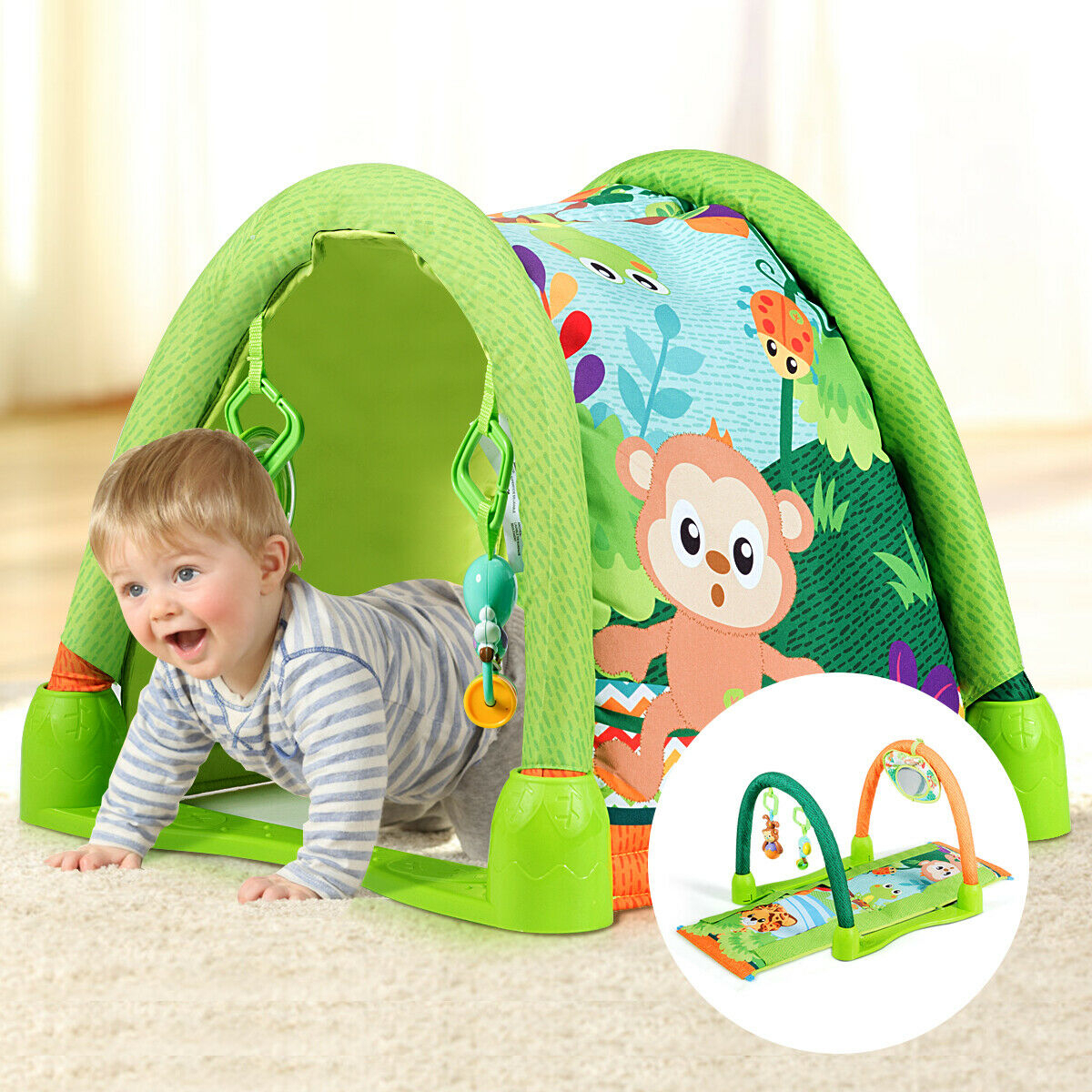 4-in-1 Green Activity Play Mat Baby Activity Center W/3 Hanging Toys