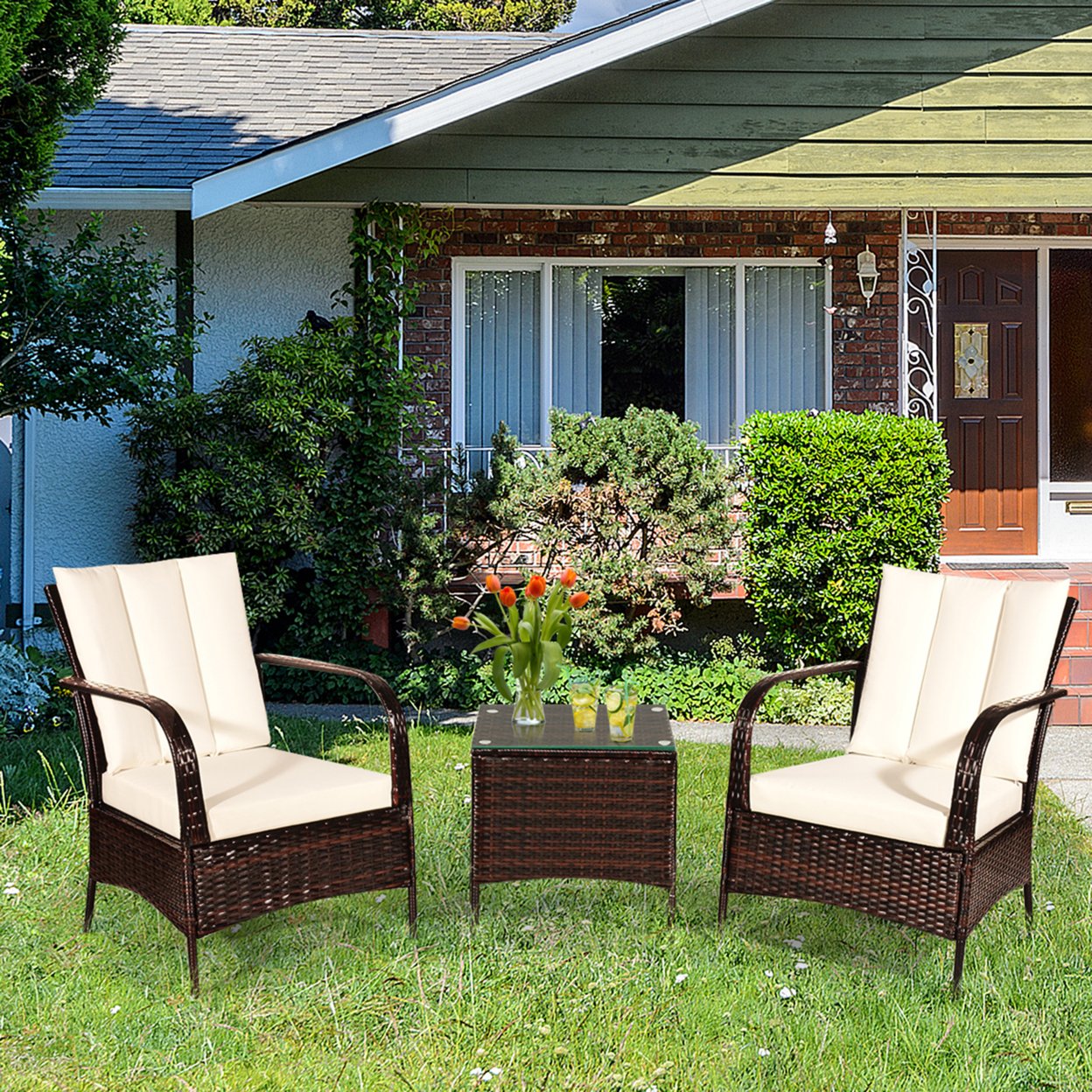 3PCS Patio Outdoor Rattan Conversation Set Furniture Set W/ Table Cushions