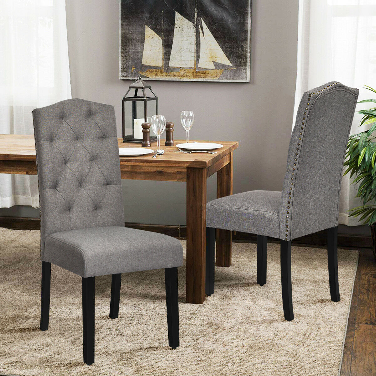 Set Of 4 Tufted Dining Chair Upholstered W/ Nailhead Trim & Rubber Wooden Legs
