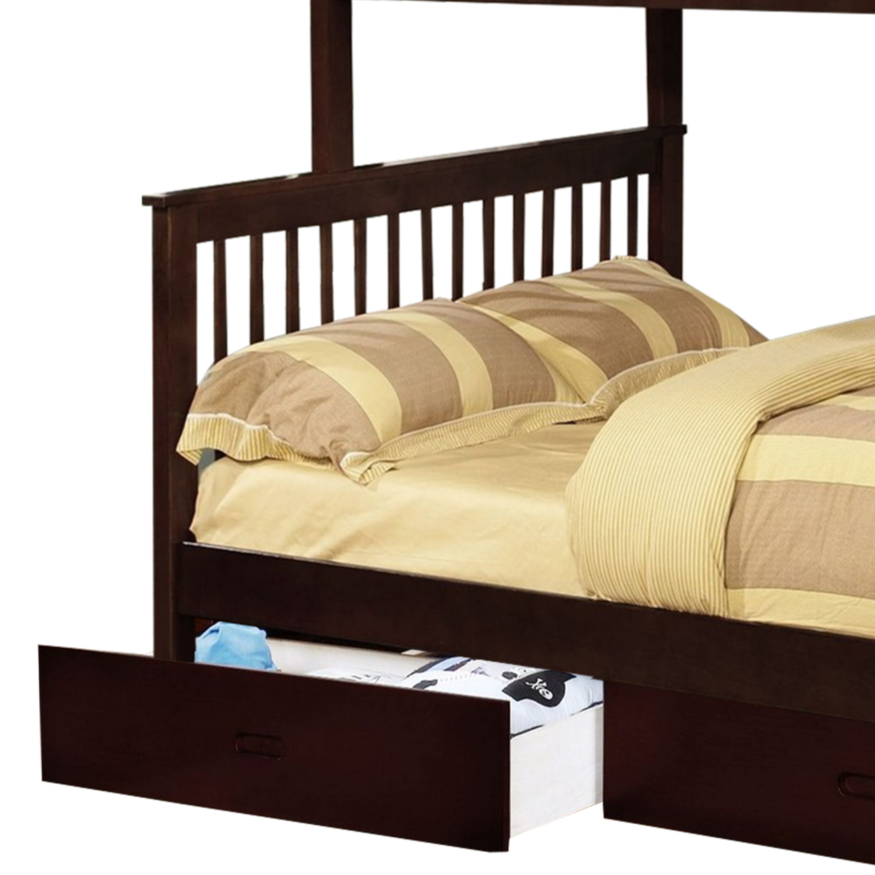 Mission Style Wooden Twin Over Full Bunk Bed With 2 Drawers, Dark Brown- Saltoro Sherpi