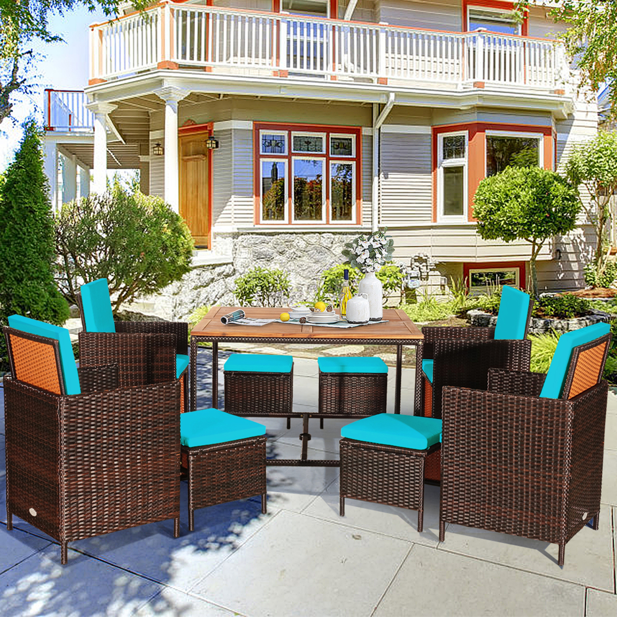 9PCS Rattan Wicker Dining Set Patio Outdoor Furniture Set W/ Turquoise Cushion