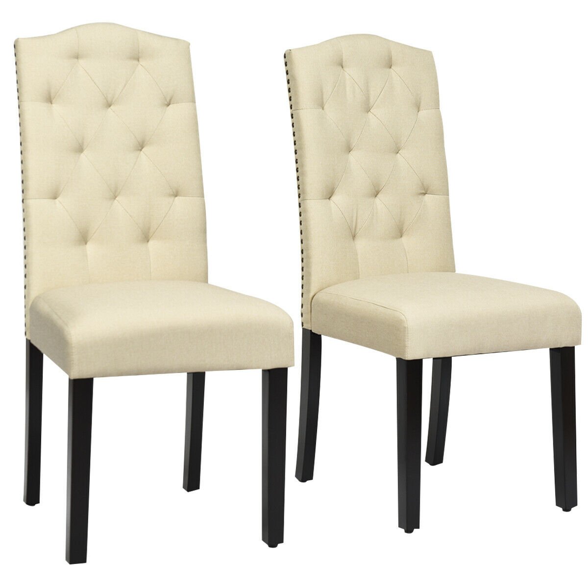 Set Of 2 Tufted Upholstered Dining Chair W/ Nailhead Trim & Rubber Wooden Legs