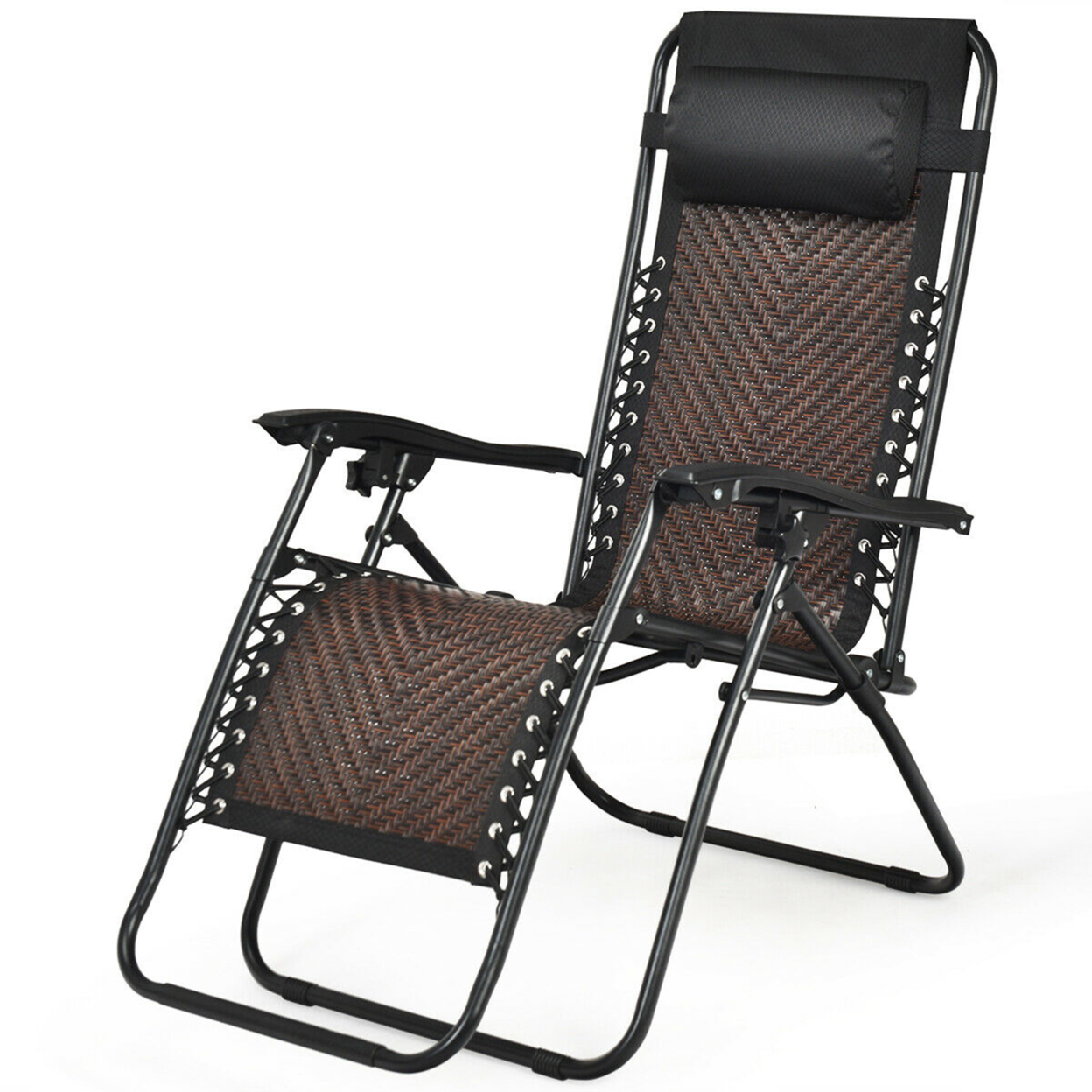 Folding Rattan Patio Zero Gravity Lounge Chair Recliner W/ Headrest
