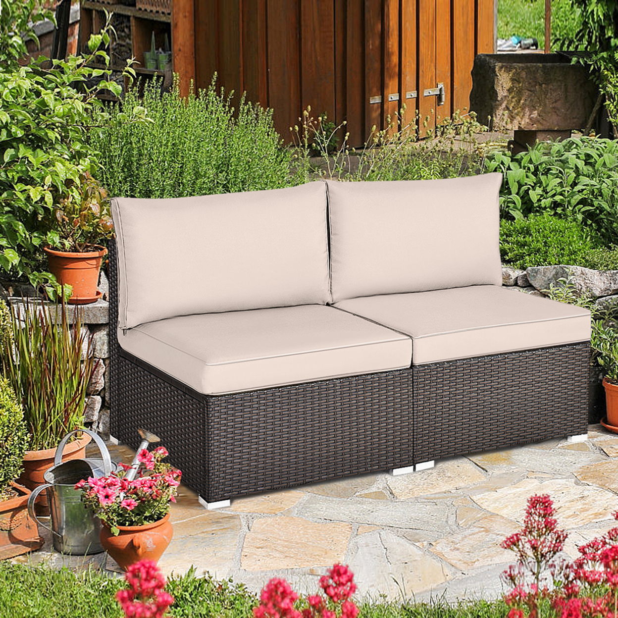2PCS Patio Sectional Armless Sofas Outdoor Rattan Furniture Set W/ Cushions